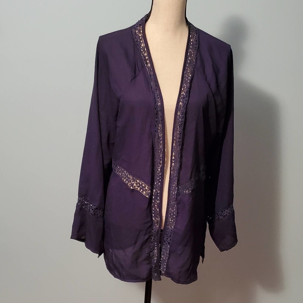 Forgotten Grace Boutique Sheerish Purple Open Cardigan w/ Lace-Trim Size Large